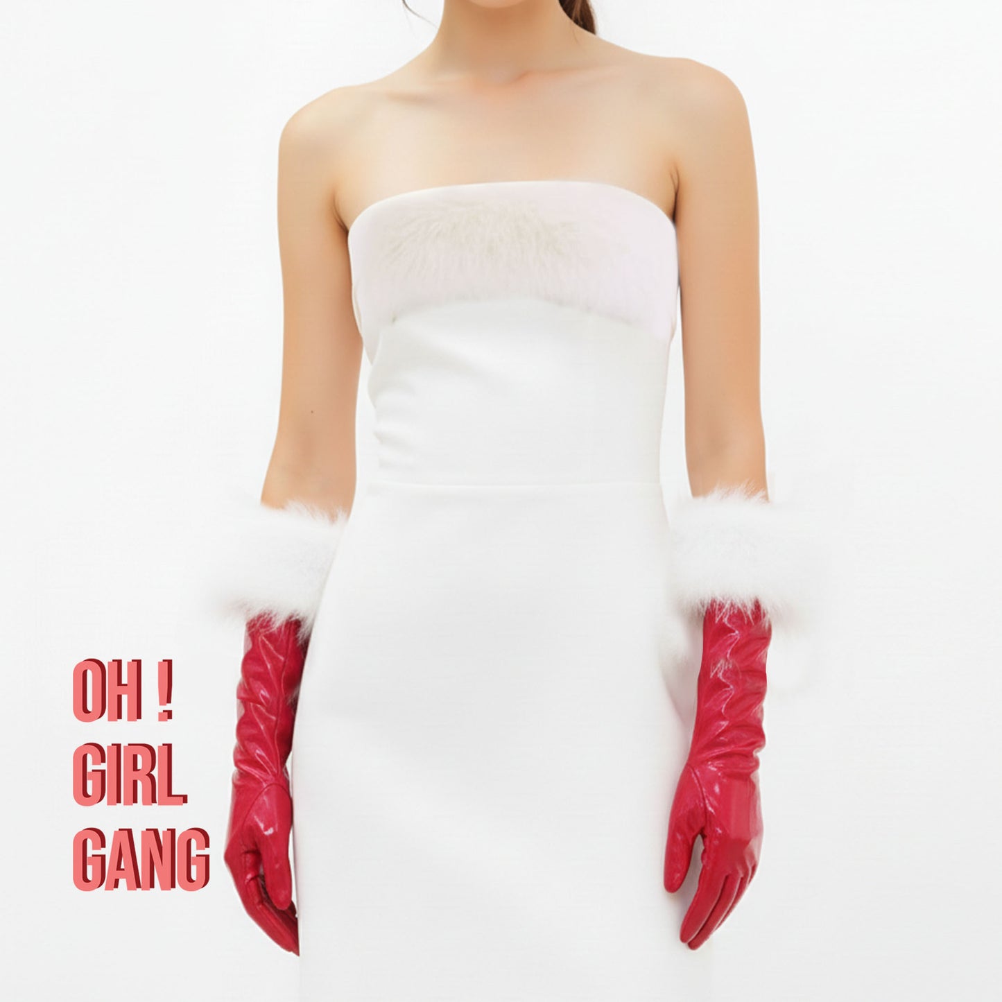 Santa Red Patent Faux Leather Gloves with White Fur Cuffs – Elbow-Length Christmas Costume, Festive Holiday Party, Mrs. Claus Cosplay - Oh Girl Gang