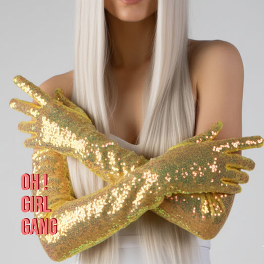 Gold Sequin Opera Gloves – 70cm Metallic Party & Gatsby Costume Gloves, Shiny Evening Accessories, More Colors Available