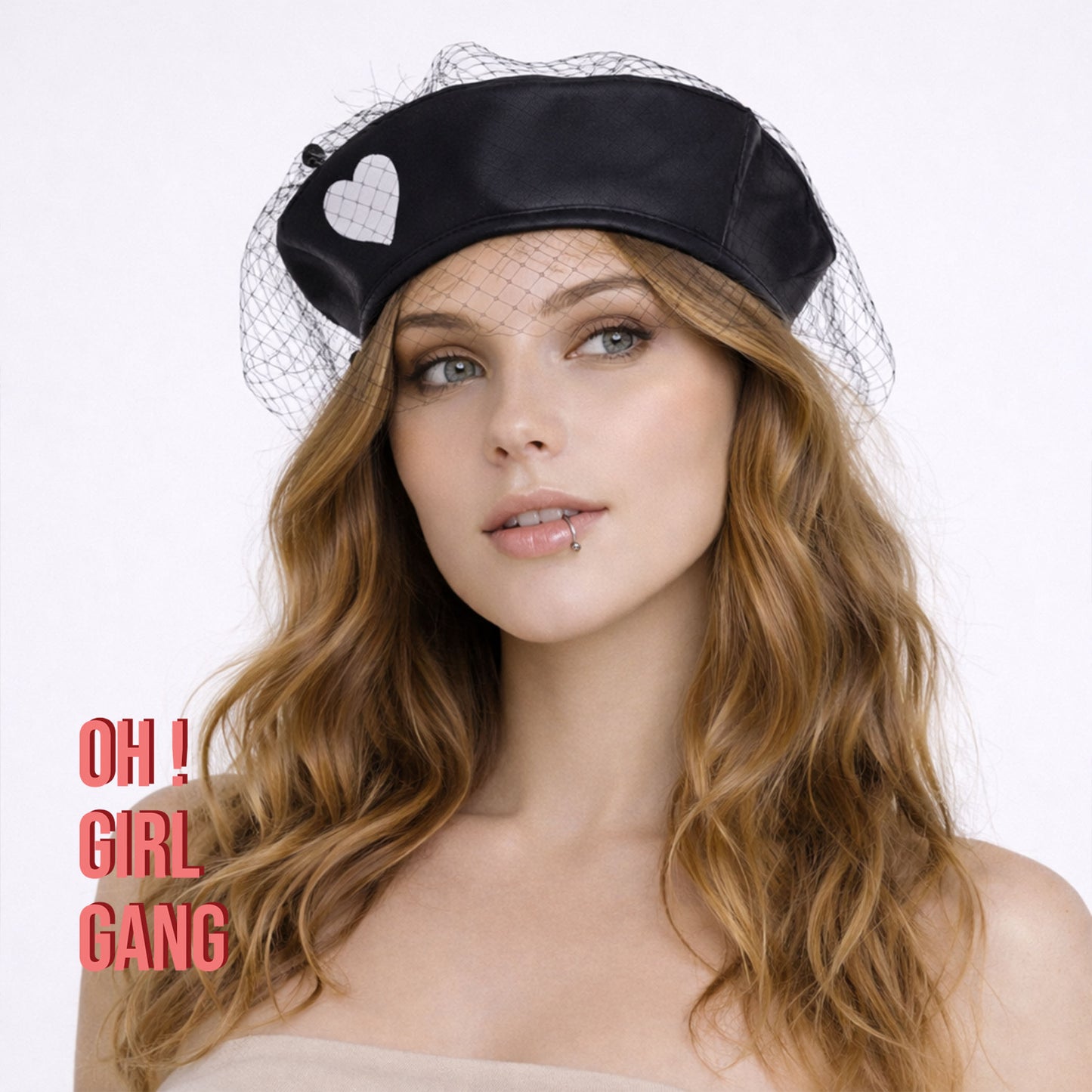 Noir Heart 🖤  Veil Beret, Black hat with heart decoration and black birdcage veil