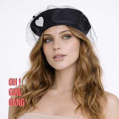 Noir Heart 🖤  Veil Beret, Black hat with heart decoration and black birdcage veil
