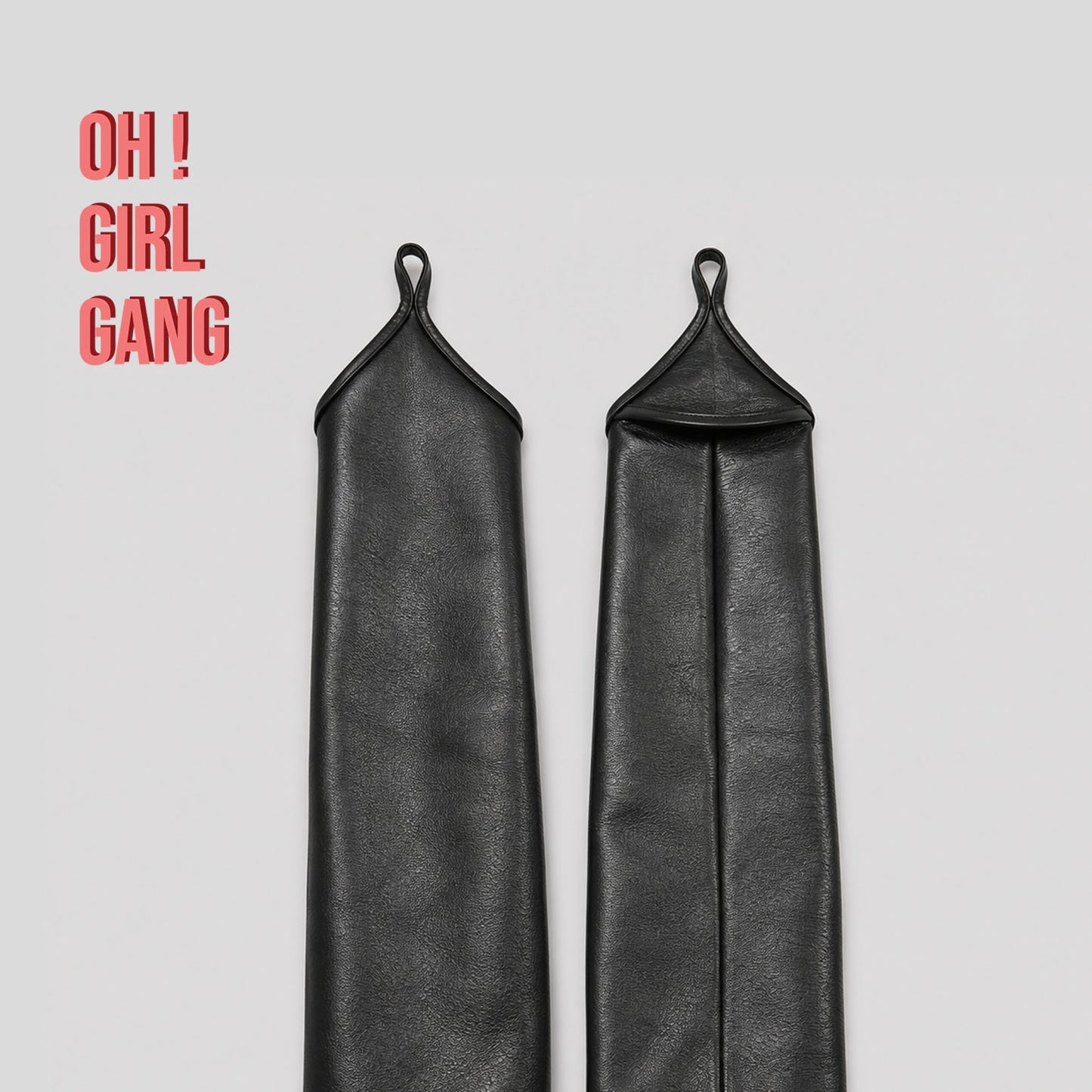 Sleek black fingerless long gloves made from genuine goat leather. Designed with a pointed hand shape and middle-finger loop, available in 30cm, 40cm, and 50cm lengths with sizes S–XXL. Finished with a thin lining for a smooth, comfortable fit.
