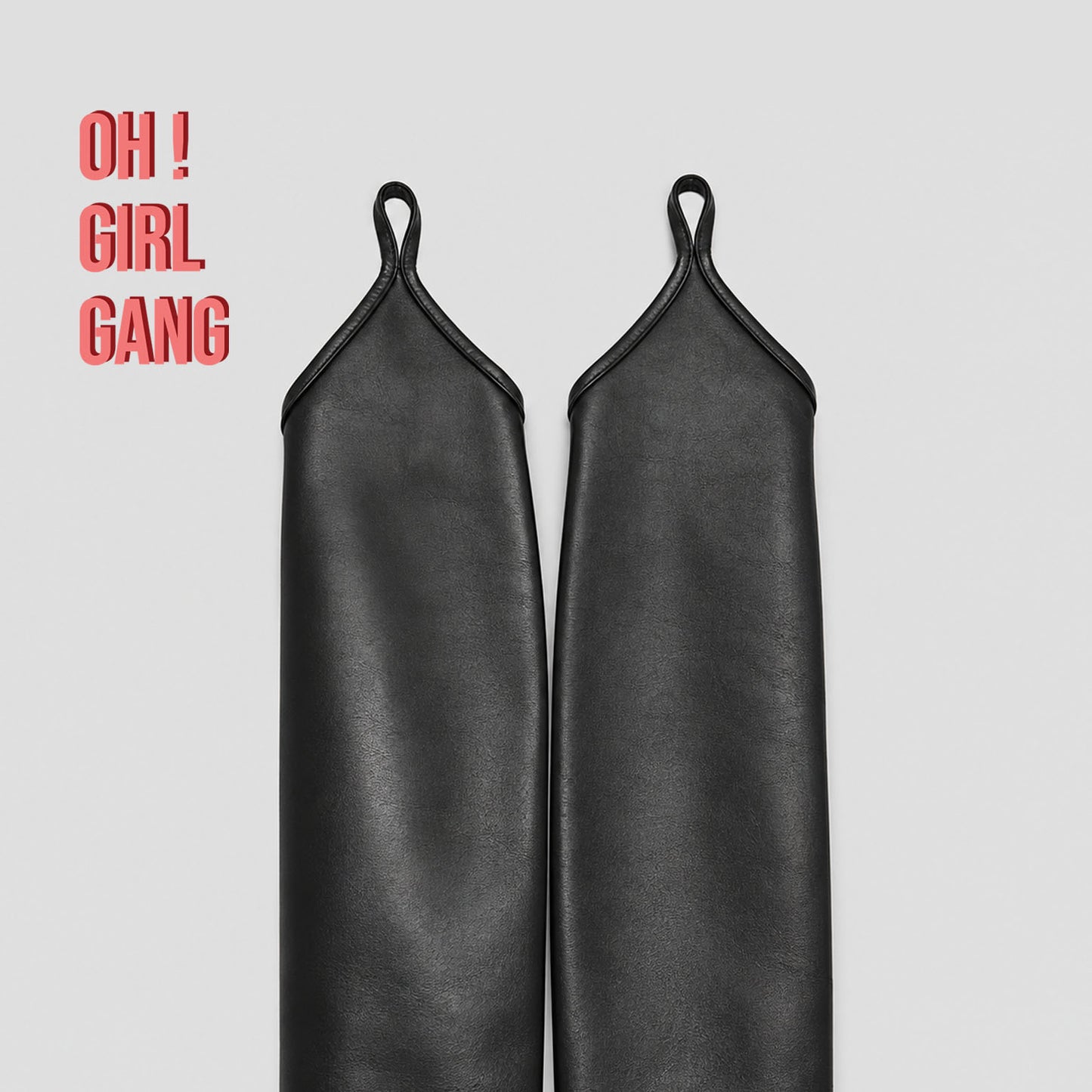 Sleek black fingerless long gloves made from genuine goat leather. Designed with a pointed hand shape and middle-finger loop, available in 30cm, 40cm, and 50cm lengths with sizes S–XXL. Finished with a thin lining for a smooth, comfortable fit.