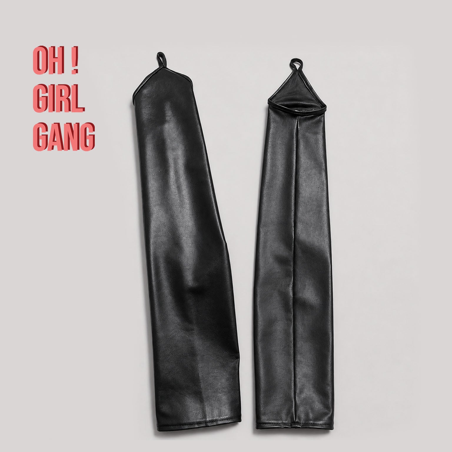 Sleek black fingerless long gloves made from genuine goat leather. Designed with a pointed hand shape and middle-finger loop, available in 30cm, 40cm, and 50cm lengths with sizes S–XXL. Finished with a thin lining for a smooth, comfortable fit.