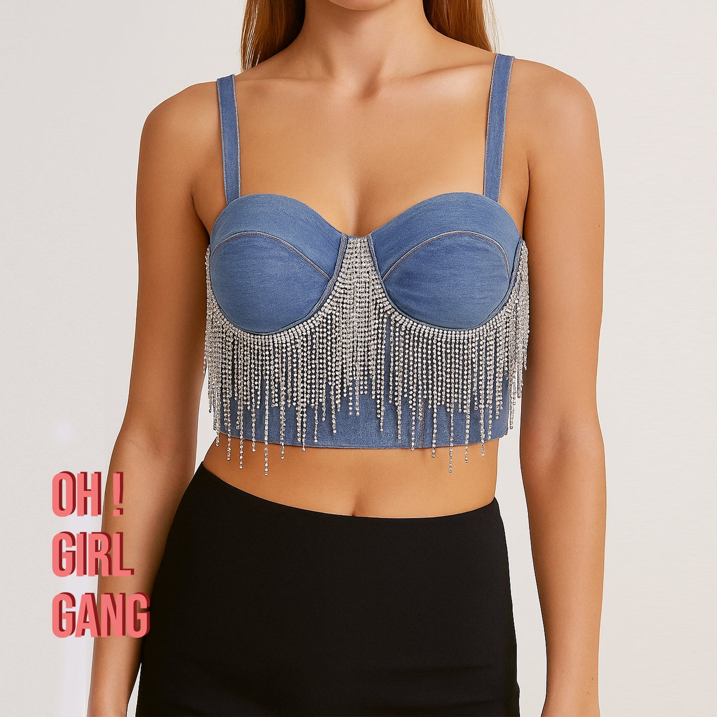 Rhinestone Fringe Denim Bustier