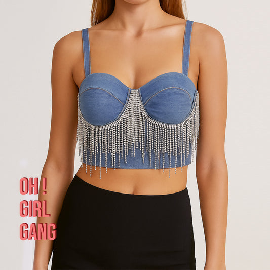 Rhinestone Fringe Denim Bustier