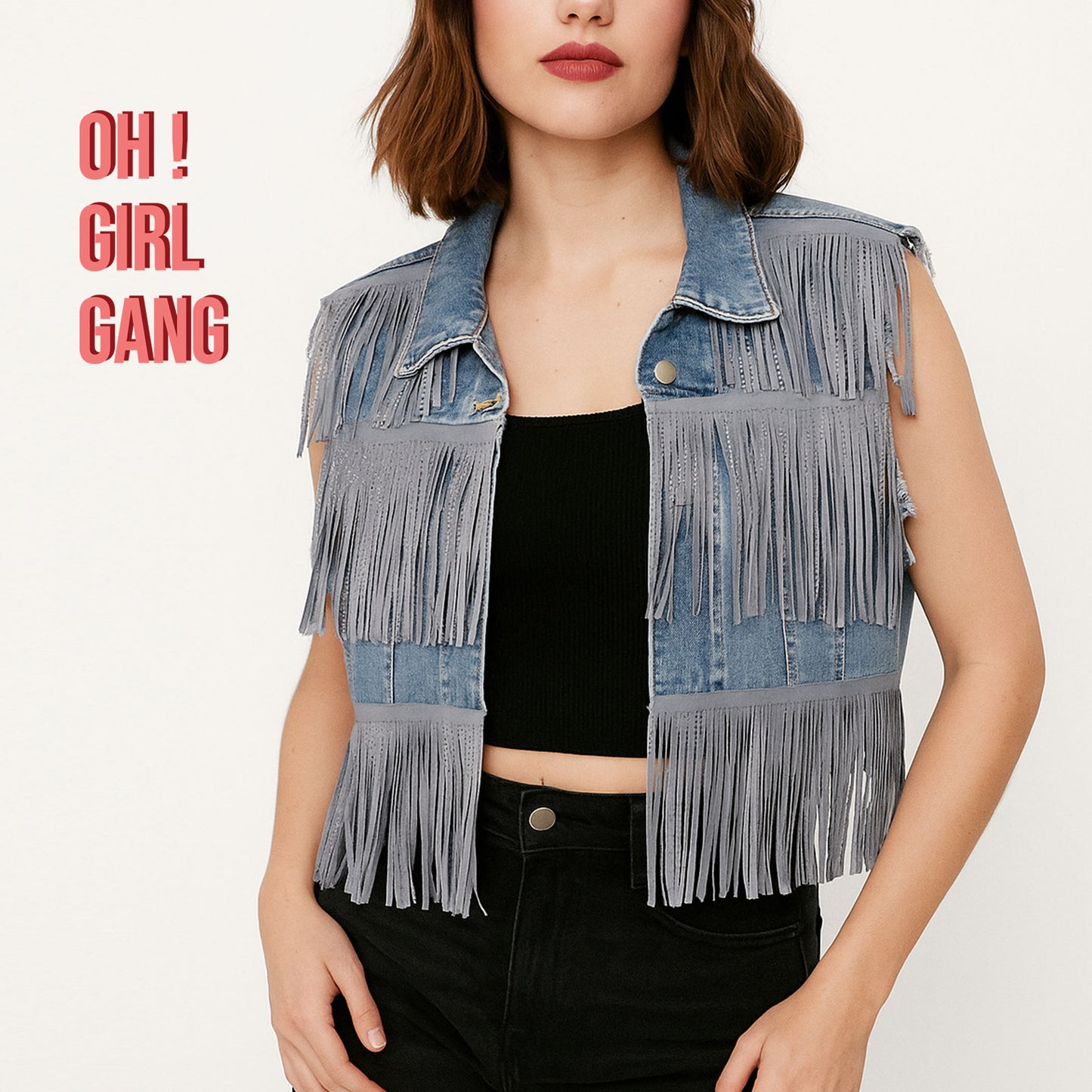 Sparkly Denim Vest | Sleeveless Glitter Button-Up Jacket |