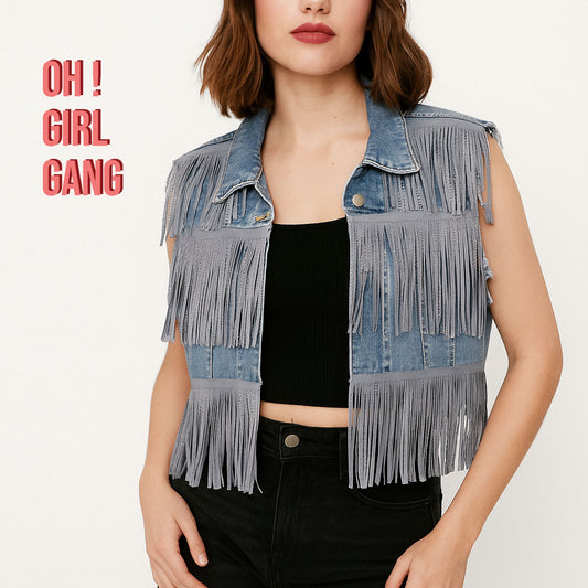 Sparkly Denim Vest | Sleeveless Glitter Button-Up Jacket |