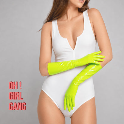 Neon Green Latex PU Long Gloves (40cm)