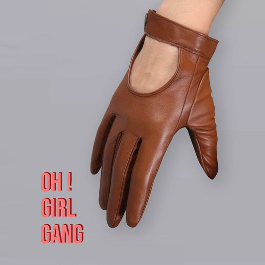 GENUINE LEATHER Brown Biker gloves with button, Fine quality touch screen brown leather gloves (19 cm), Winter gloves