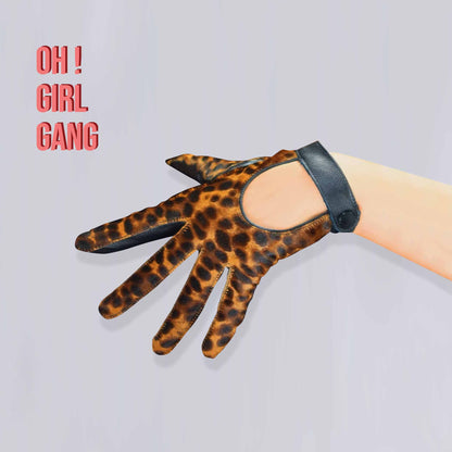 Leopard Print GENUINE LEATHER biker gloves with button ( Zebra print, Black, Brown Leather) Fine quality touch screen leather gloves. Driver