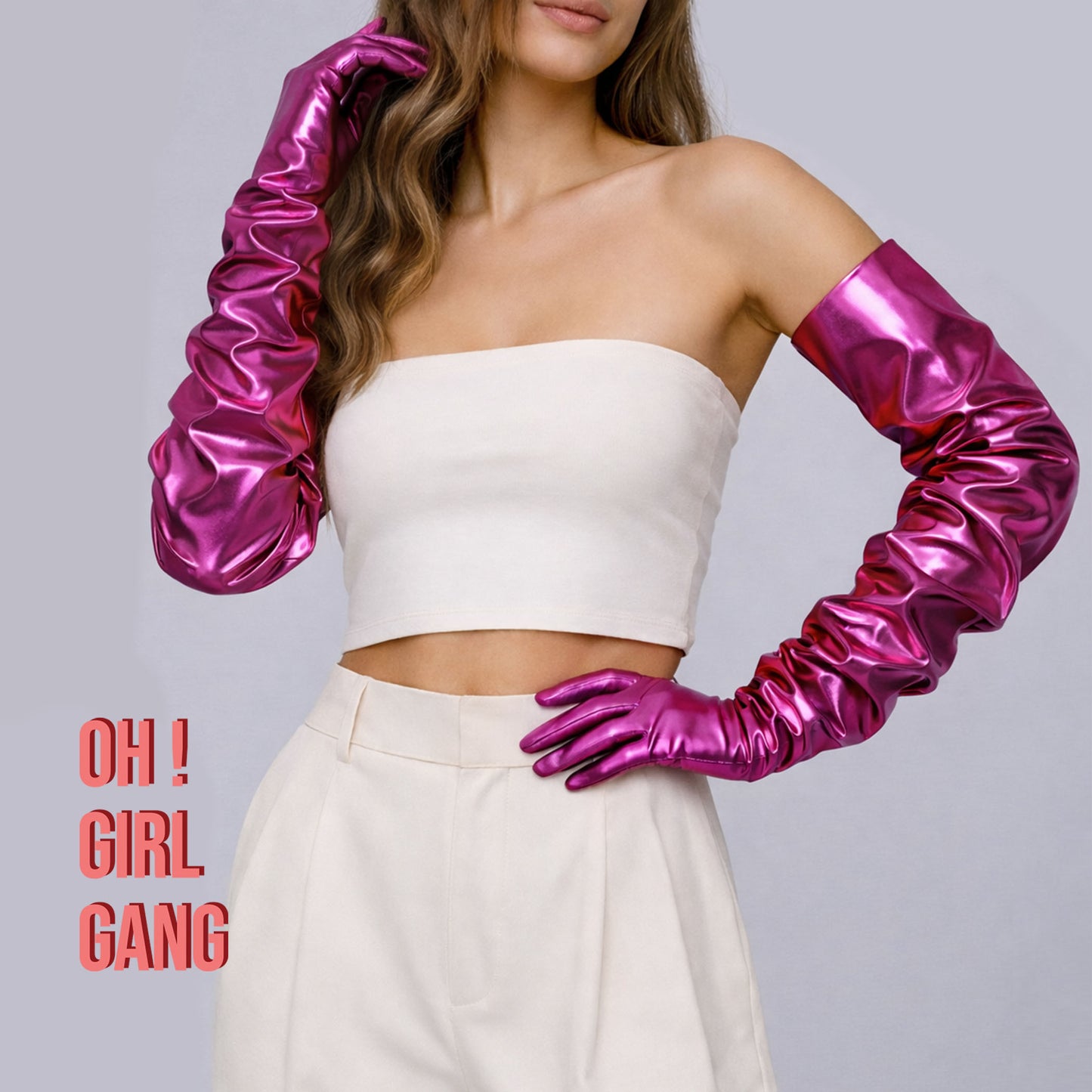 Bold Rose Pink Metallic Glitz gloves in all lengths