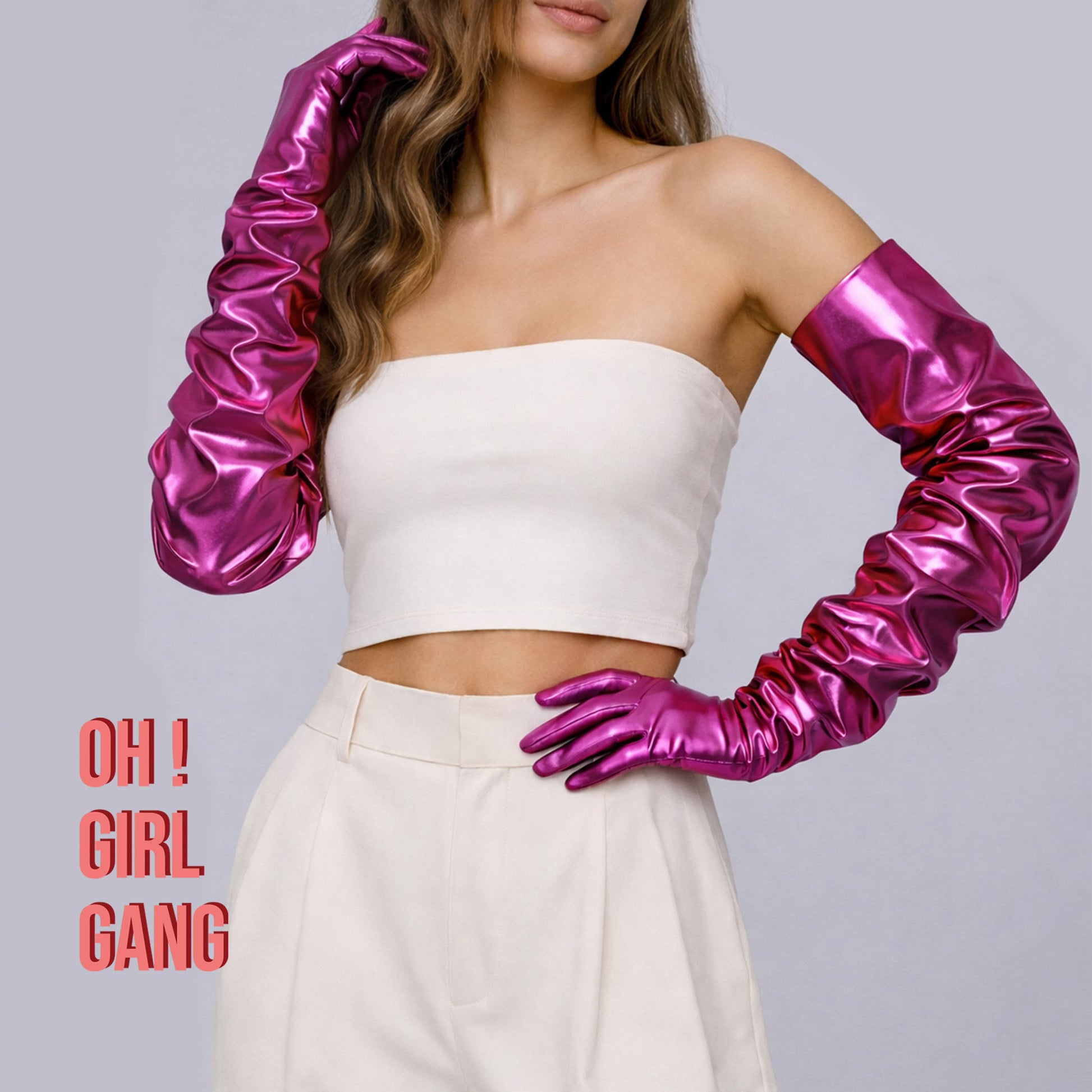 Bold Rose Pink Metallic Glitz gloves in all lengths