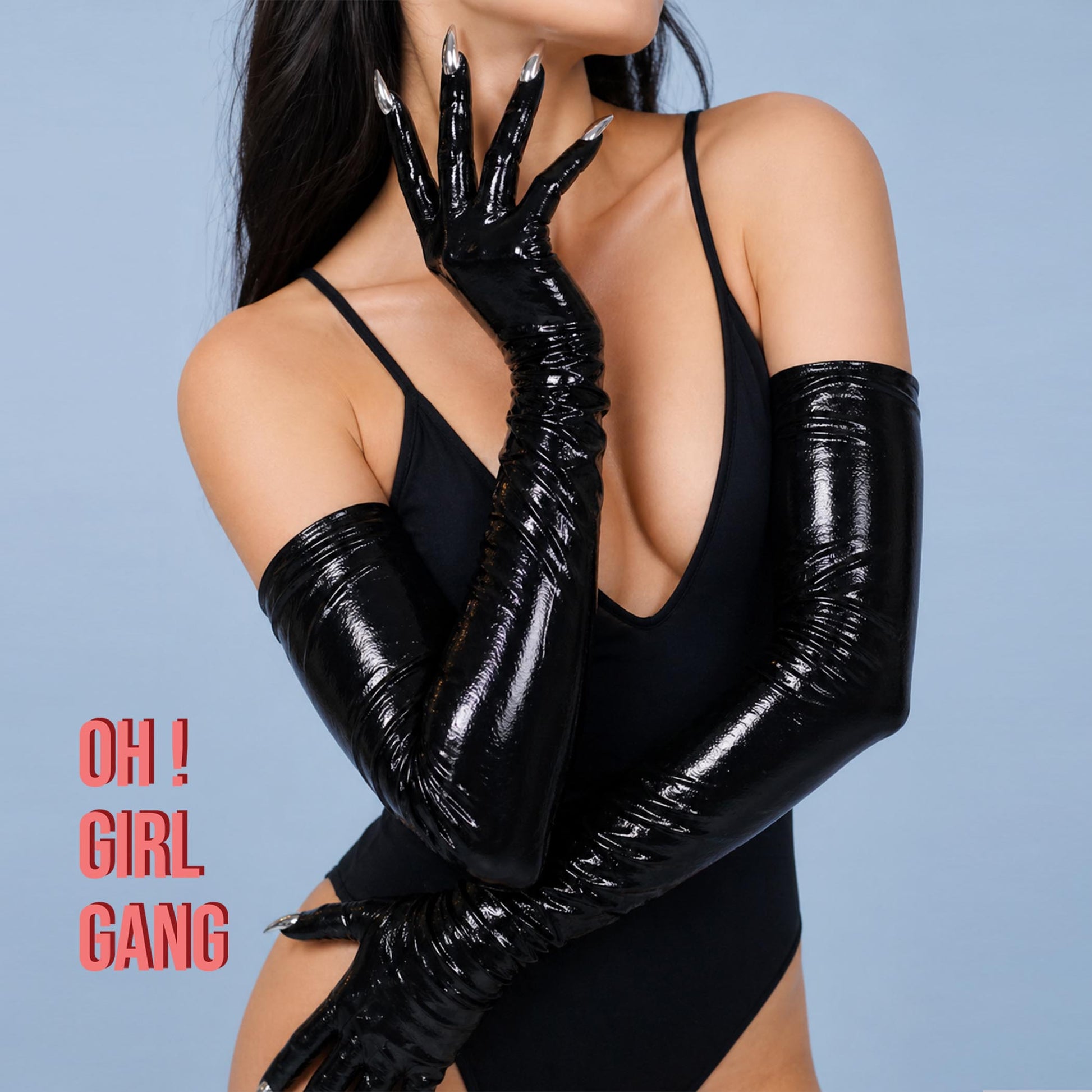 Metallic Black Spandex Long Opera Gloves with Silver Nails- the Little Devil Gloves