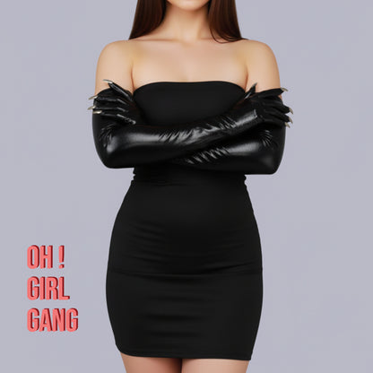 Metallic Blue Spandex Long Opera Gloves with Silver Nails- the Little Devil Gloves