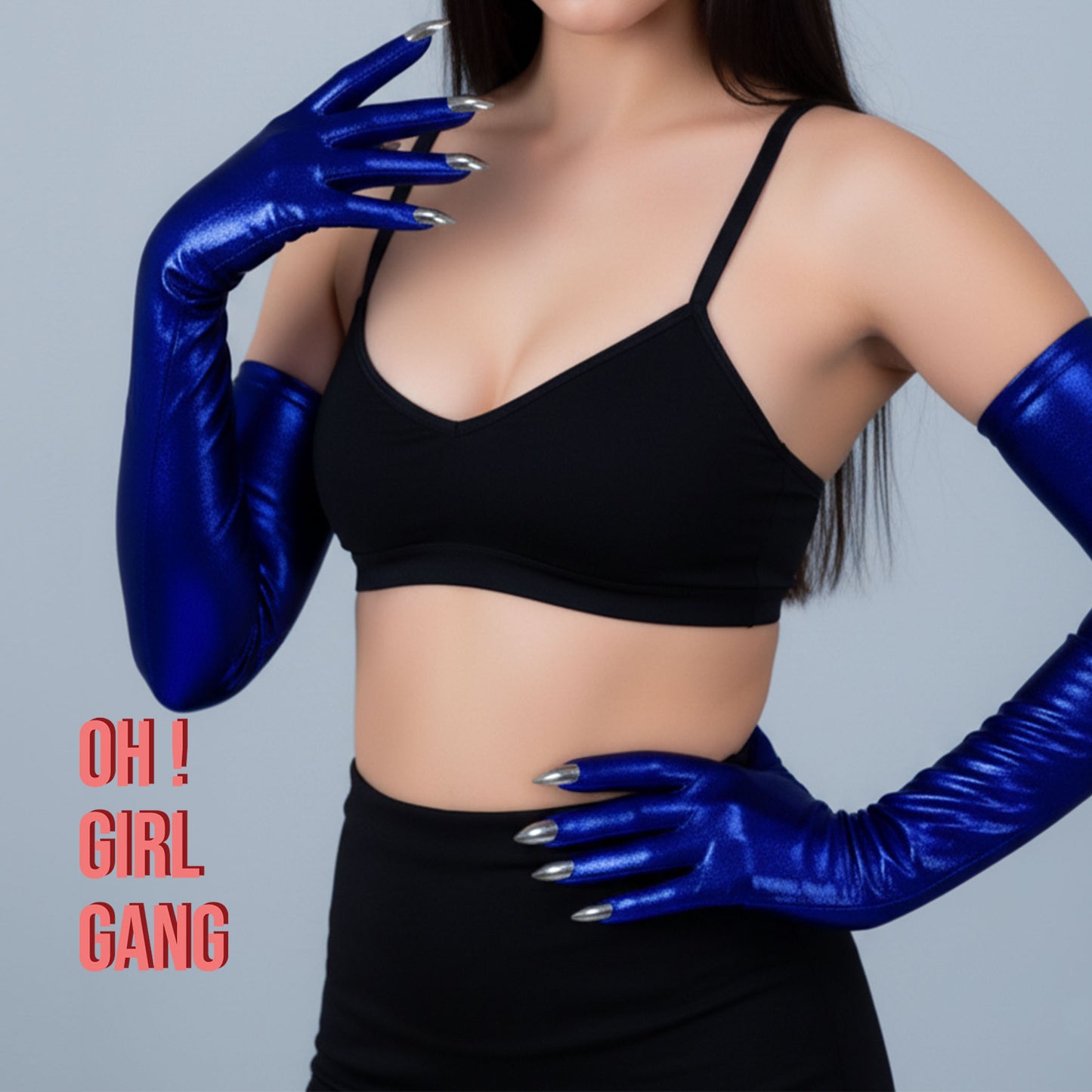 Metallic Blue Spandex Long Opera Gloves with Silver Nails- the Little Devil Gloves