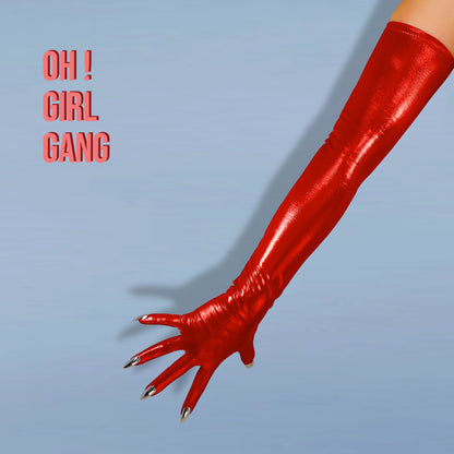 Metallic Red Spandex Long Opera Gloves with Silver Nails