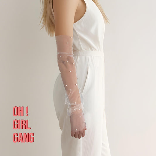 Elegant Pearl Bridal Fingerless Gloves in White (52cm)