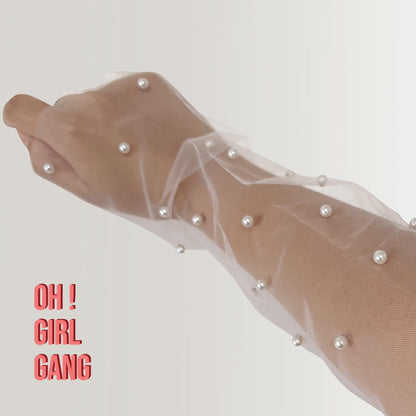 Elegant Pearl Bridal Fingerless Gloves in White (52cm)