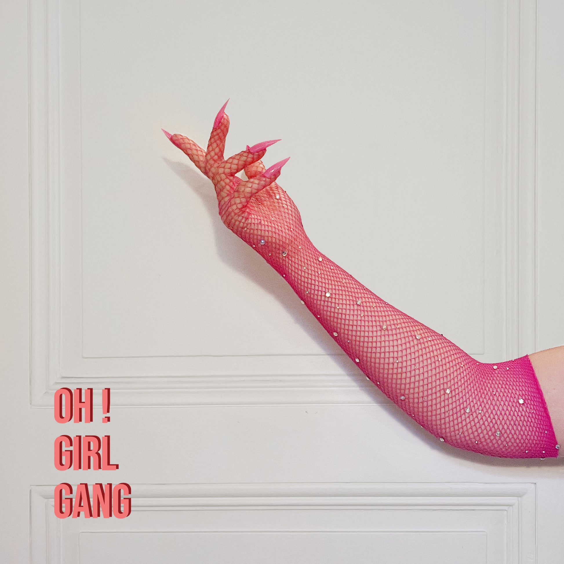 Shocking Pink Mesh Gloves with Pink Nails and Crystals