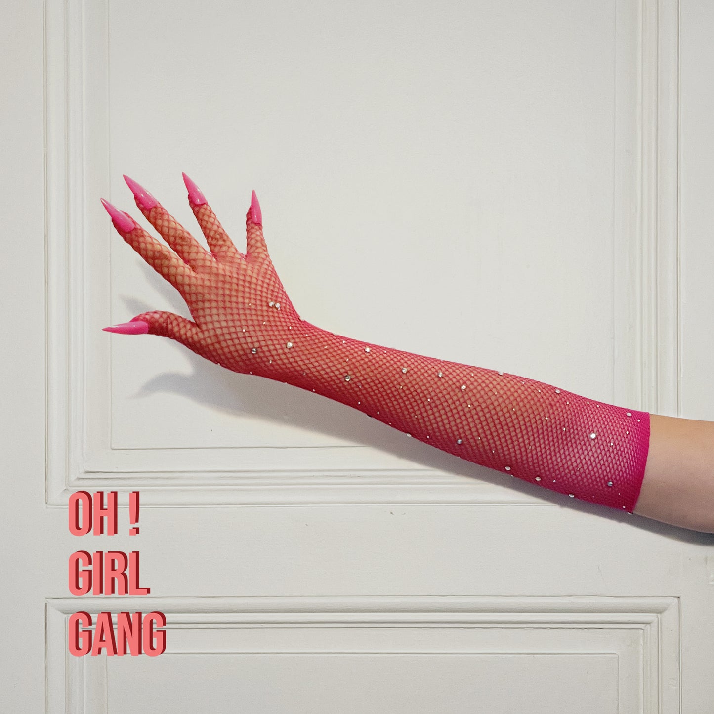 Shocking Pink Mesh Gloves with Pink Nails and Crystals