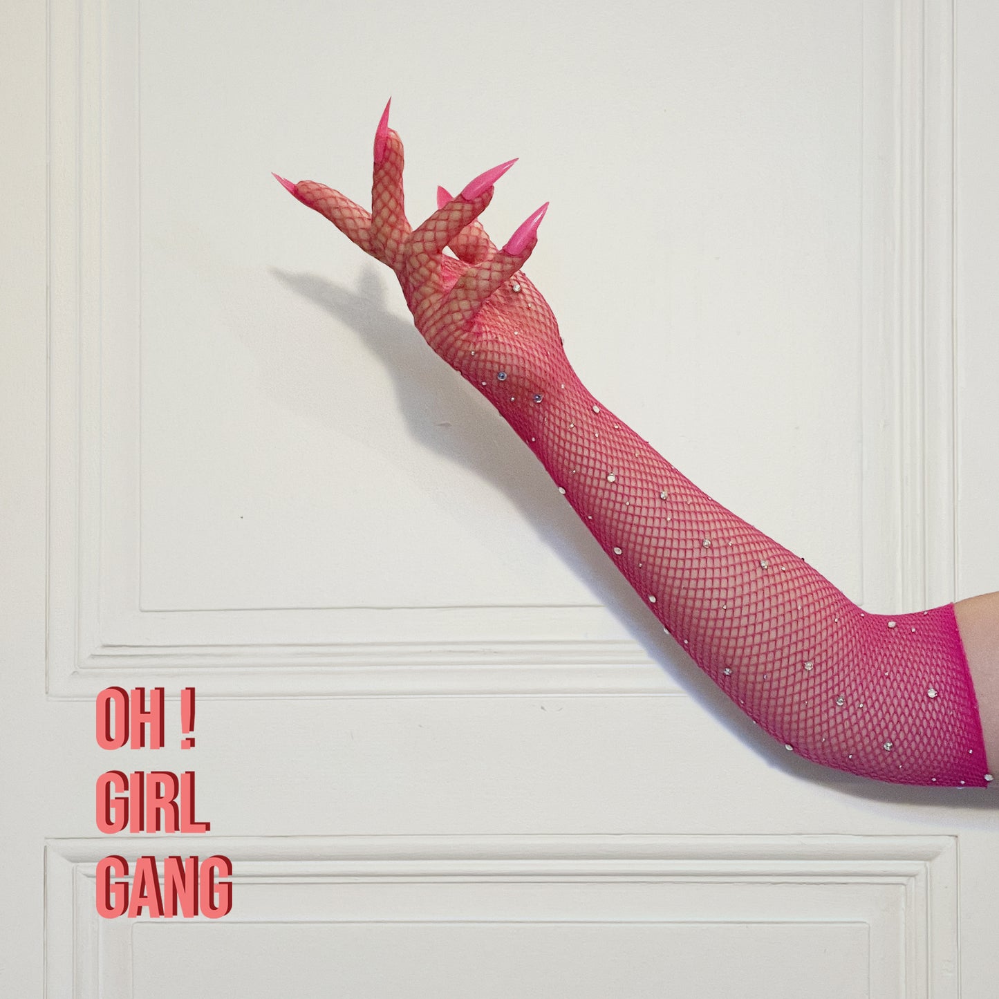 Shocking Pink Mesh Gloves with Pink Nails and Crystals
