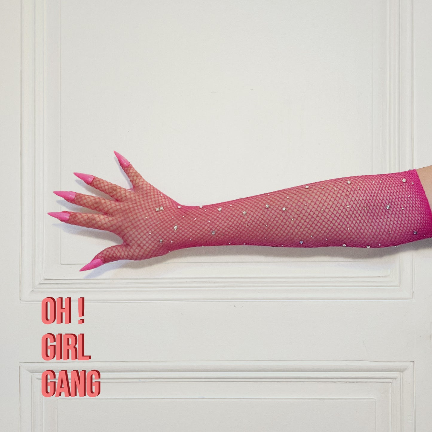Shocking Pink Mesh Gloves with Pink Nails and Crystals