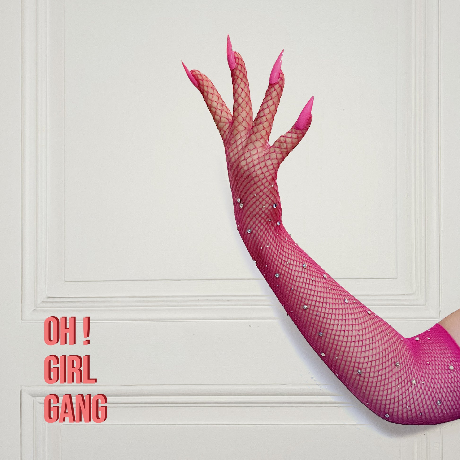 Shocking Pink Mesh Gloves with Pink Nails and Crystals