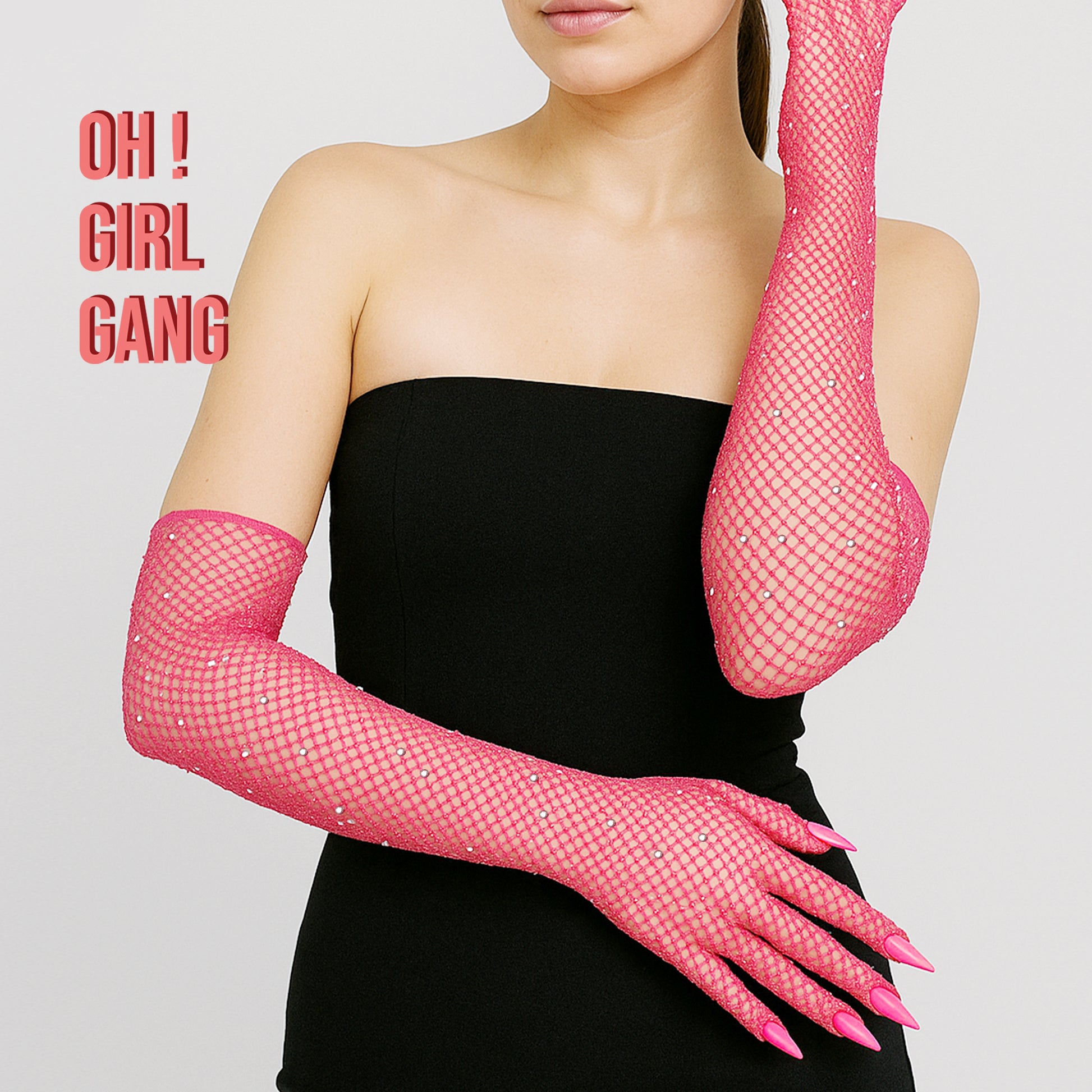 Shocking Pink Mesh Gloves with Pink Nails and Crystals