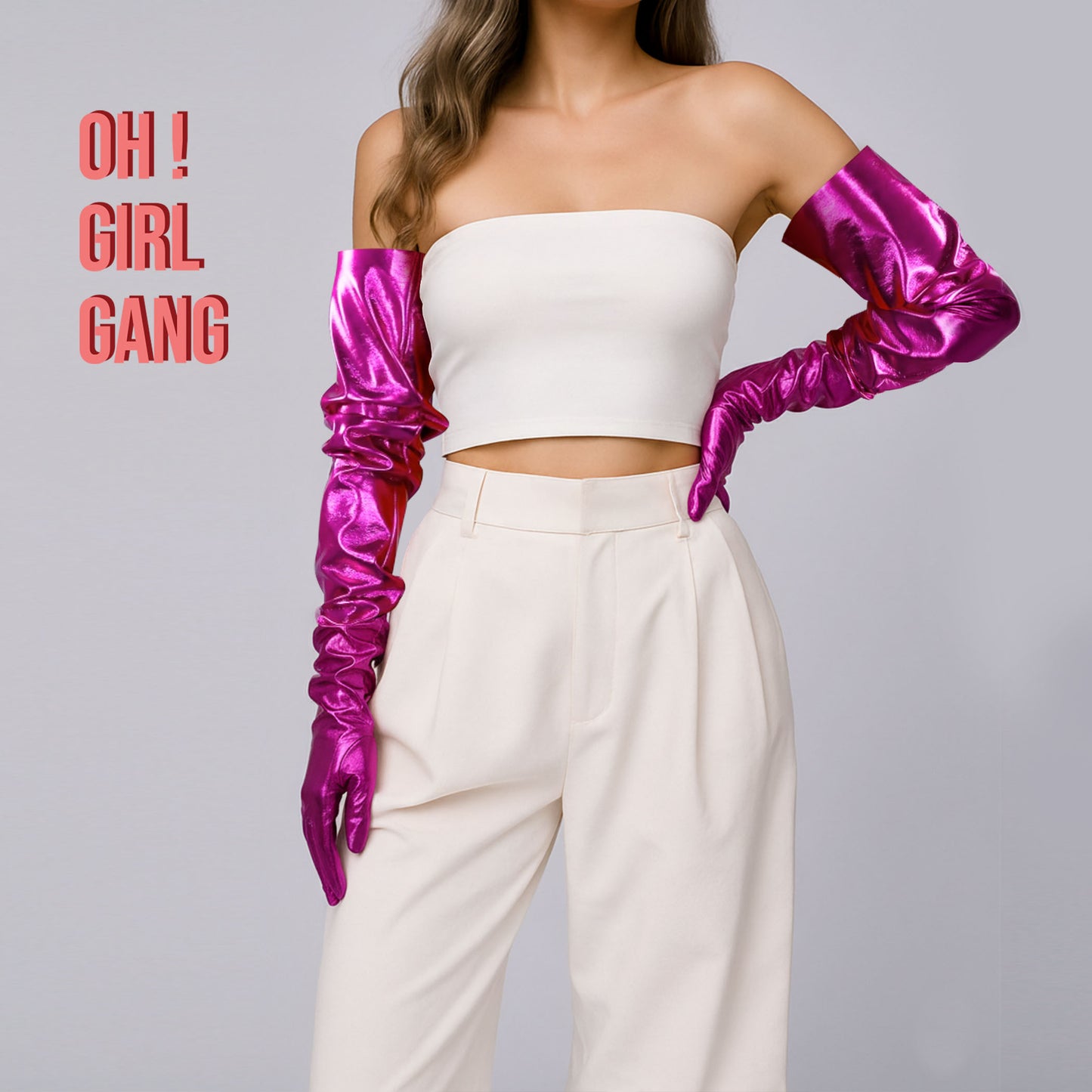 Bold Rose Pink Metallic Glitz gloves: wide sleeves