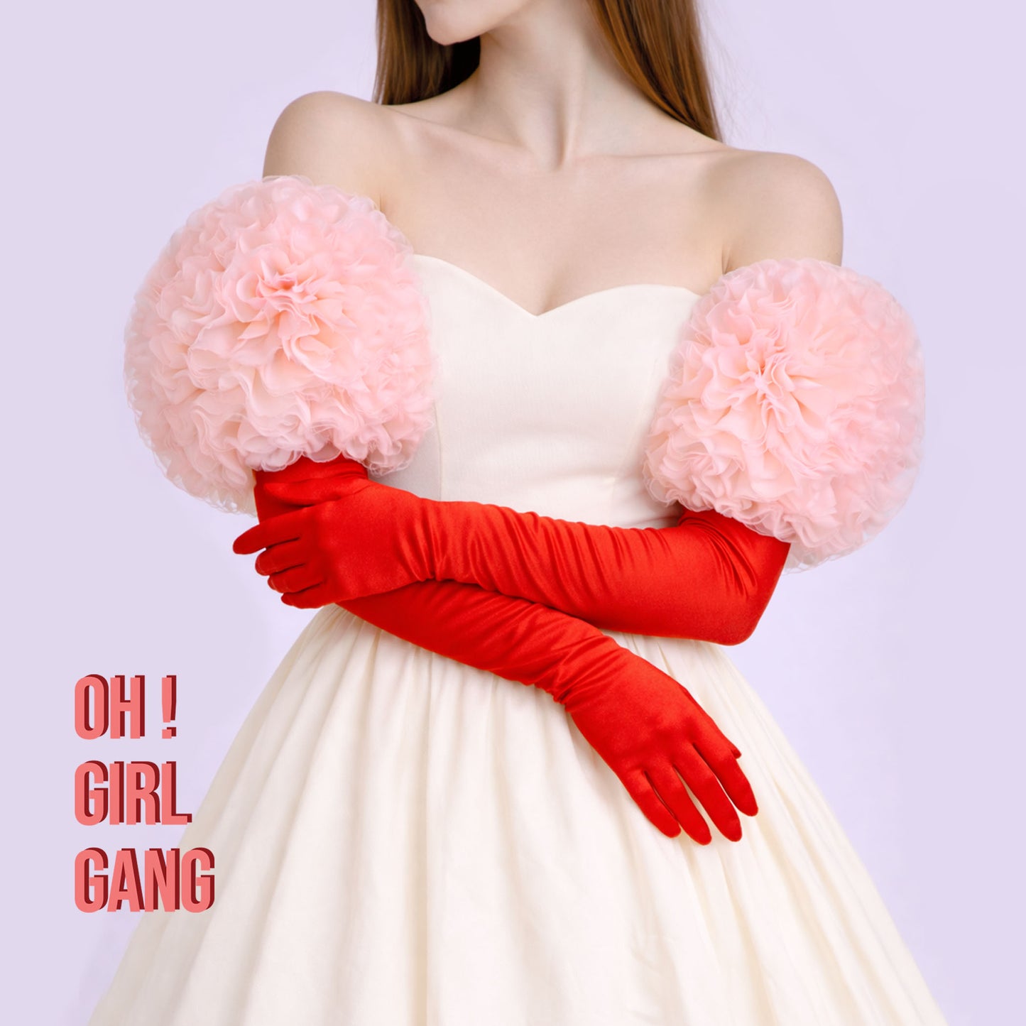 Peach Tulle Puffed Detachable Sleeves with Red Satin Opera Gloves