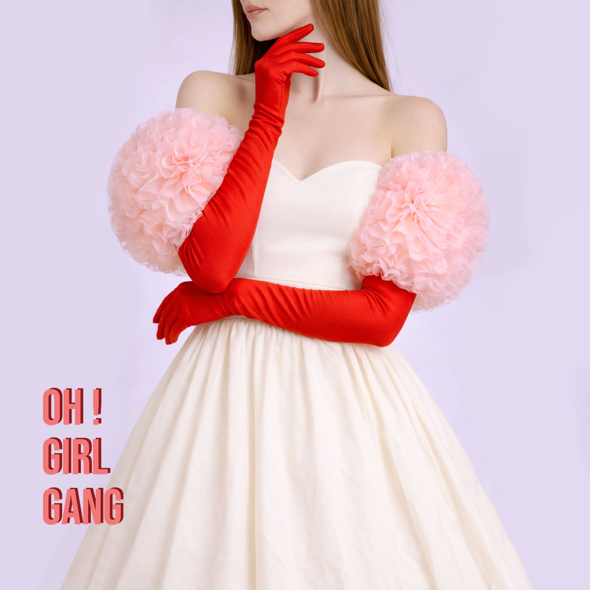 Peach Tulle Puffed Detachable Sleeves with Red Satin Opera Gloves