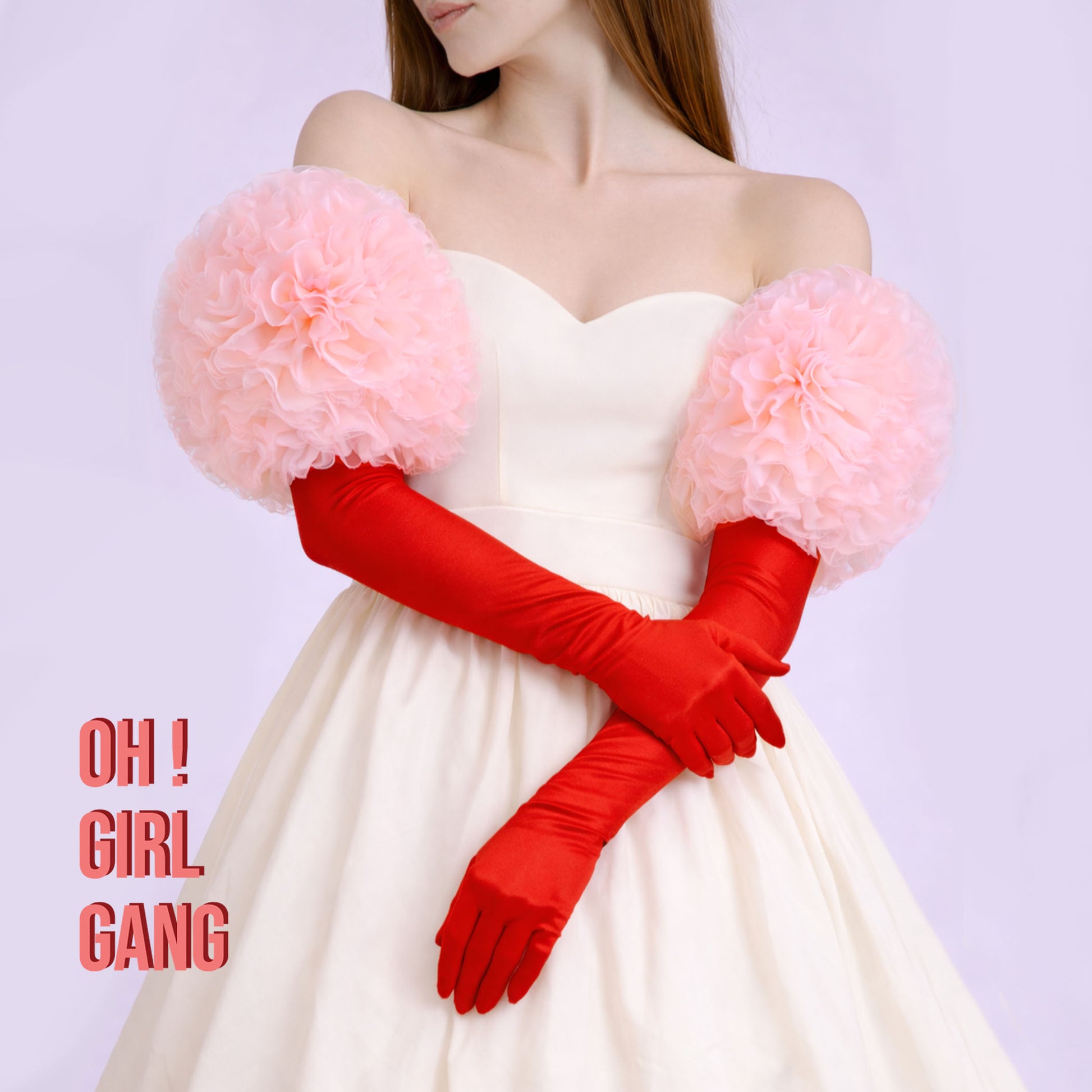 Peach Tulle Puffed Detachable Sleeves with Red Satin Opera Gloves