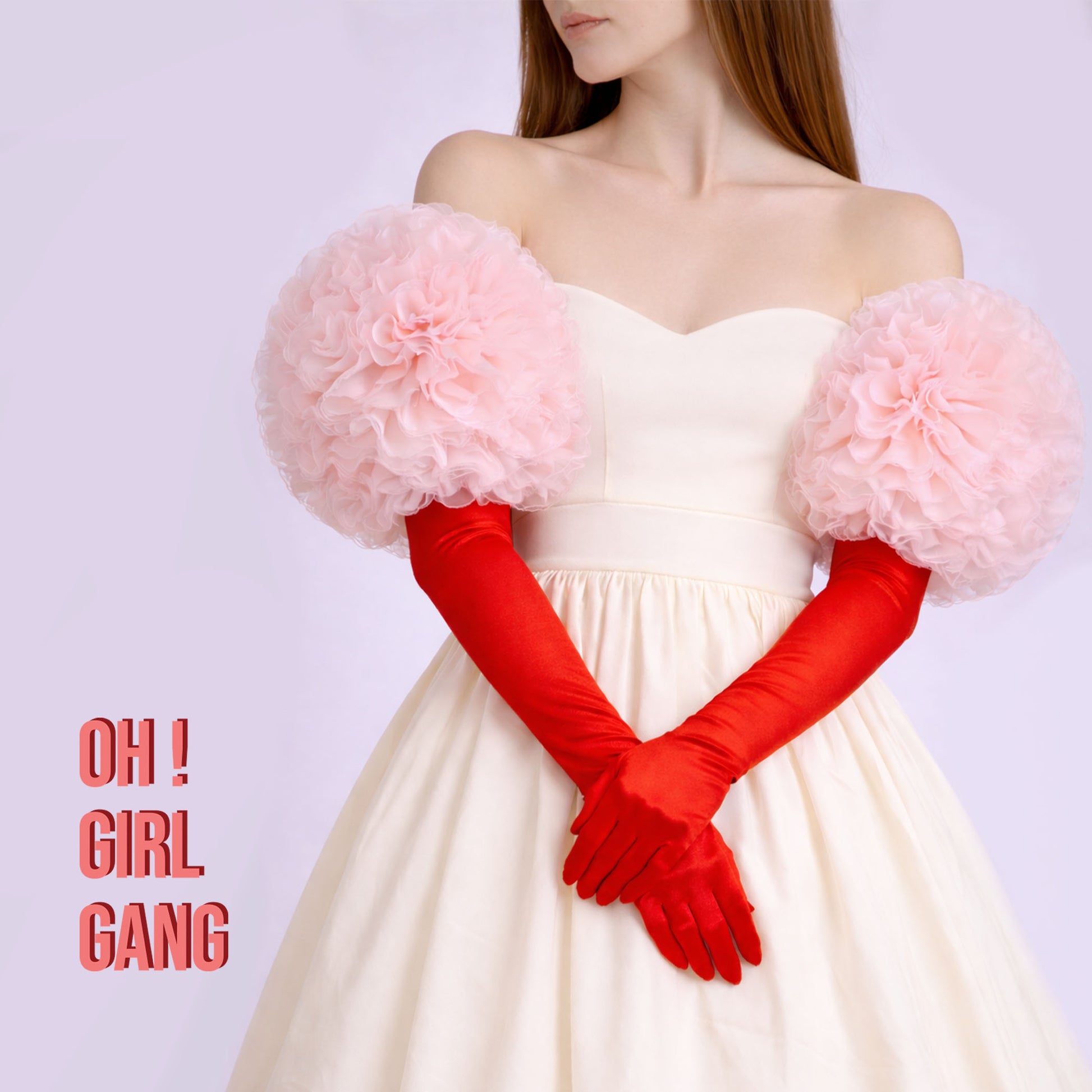 Peach Tulle Puffed Detachable Sleeves with Red Satin Opera Gloves