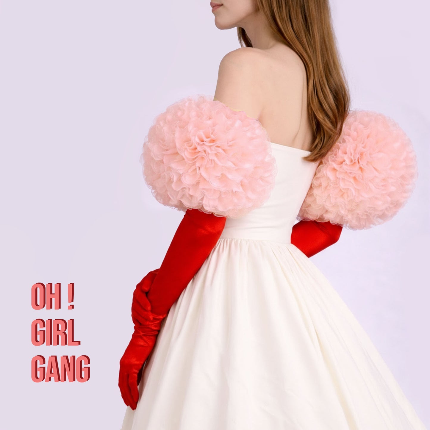 Peach Tulle Puffed Detachable Sleeves with Red Satin Opera Gloves