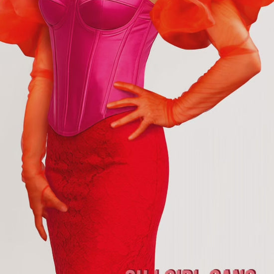 90cm red puff-tulle opera gloves add runway-level drama to gowns, cocktail dresses, bridal and prom looks. Sheer, lightweight, handmade, with optional custom sizing.