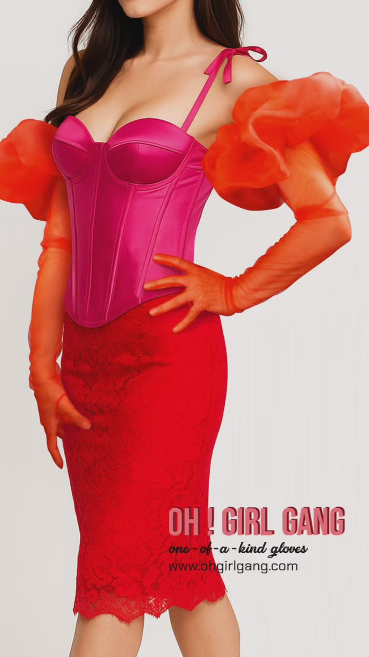 90cm red puff-tulle opera gloves add runway-level drama to gowns, cocktail dresses, bridal and prom looks. Sheer, lightweight, handmade, with optional custom sizing.