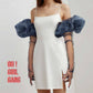 White dress with blue sheer sleeves and text 'OH! GIRL GANG' on a white background