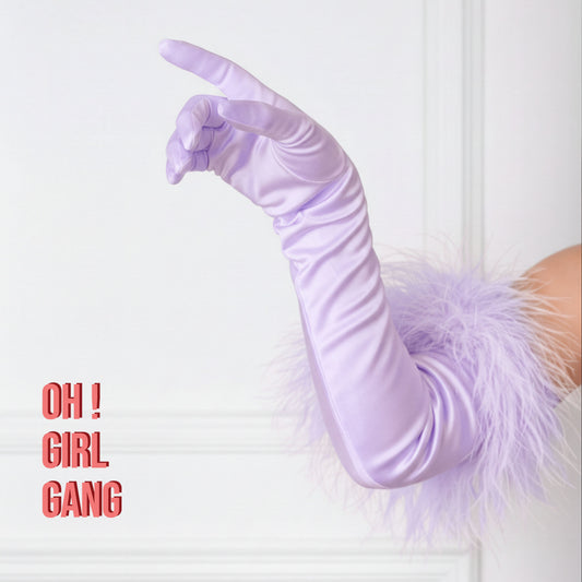 Light Purple Satin Opera Gloves with Ostrich Feather