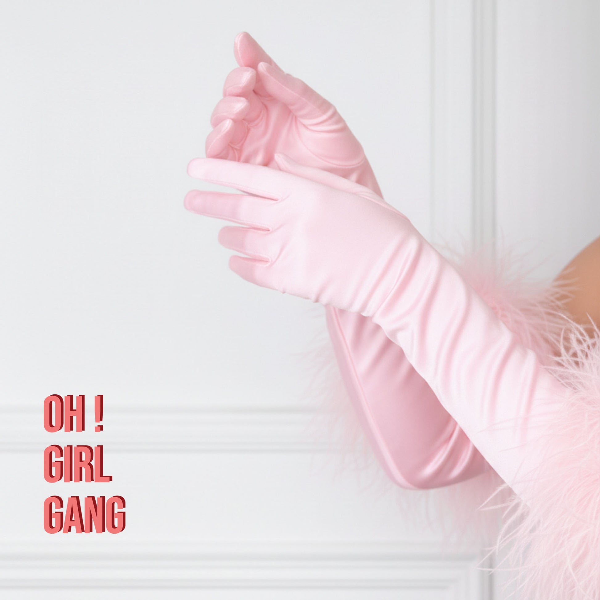 Light Pink Satin Opera Gloves with Ostrich Feather