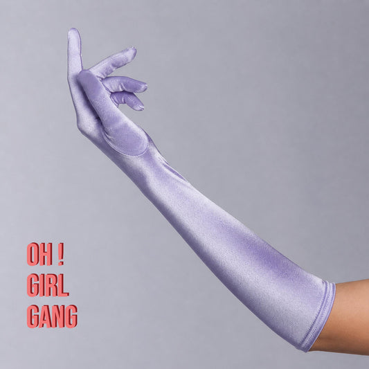 Lavendel Satijnen Operahandschoenen (50 cm), Roze Satijnen Handschoenen, Boterkleurig geel