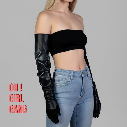 Black Genuine Leather Long Gloves – Wide Loose Sleeves, Touchscreen Ready, Unisex / Menswear Friendly - Oh Girl Gang