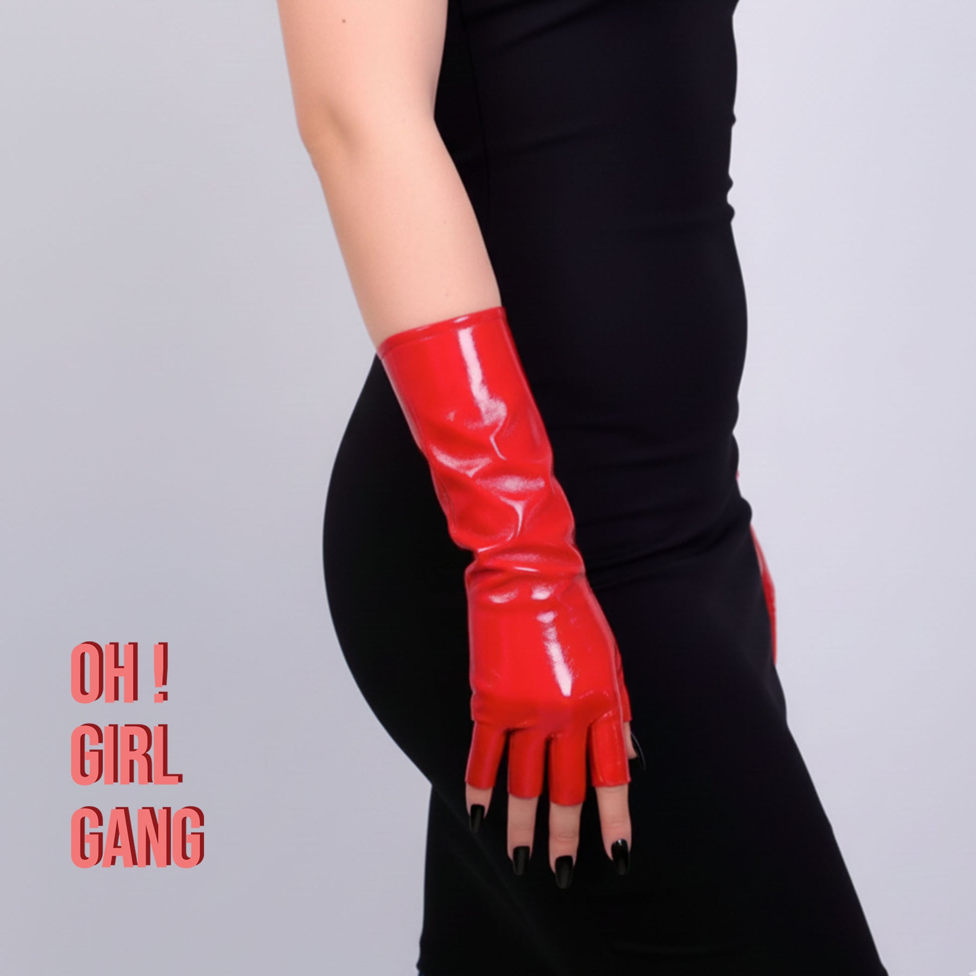 Red Patent Faux Leather Fingerless Gloves – 28cm Long Festival Party  | Half-Finger Gloves | Drag Queen, Stage & Rave Wear (4 Colors)