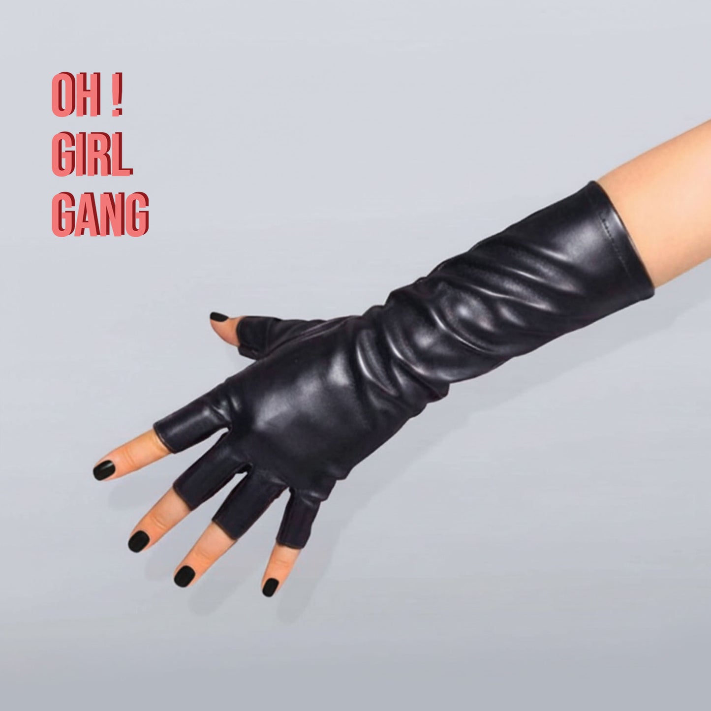 Black Patent Faux Leather Fingerless Gloves – 28cm Long Festival Party  | Half-Finger Gloves | Drag Queen, Stage & Rave Wear (4 Colors)