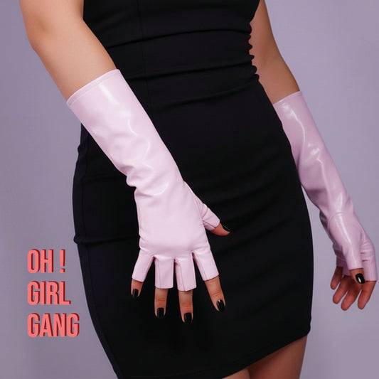 Pink Patent Faux Leather Fingerless Gloves – 28cm Long Festival Party  | Half-Finger Gloves | Drag Queen, Stage & Rave Wear (4 Colors)