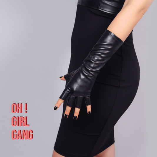 Black Patent Faux Leather Fingerless Gloves – 28cm Long Festival Party  | Half-Finger Gloves | Drag Queen, Stage & Rave Wear (4 Colors)