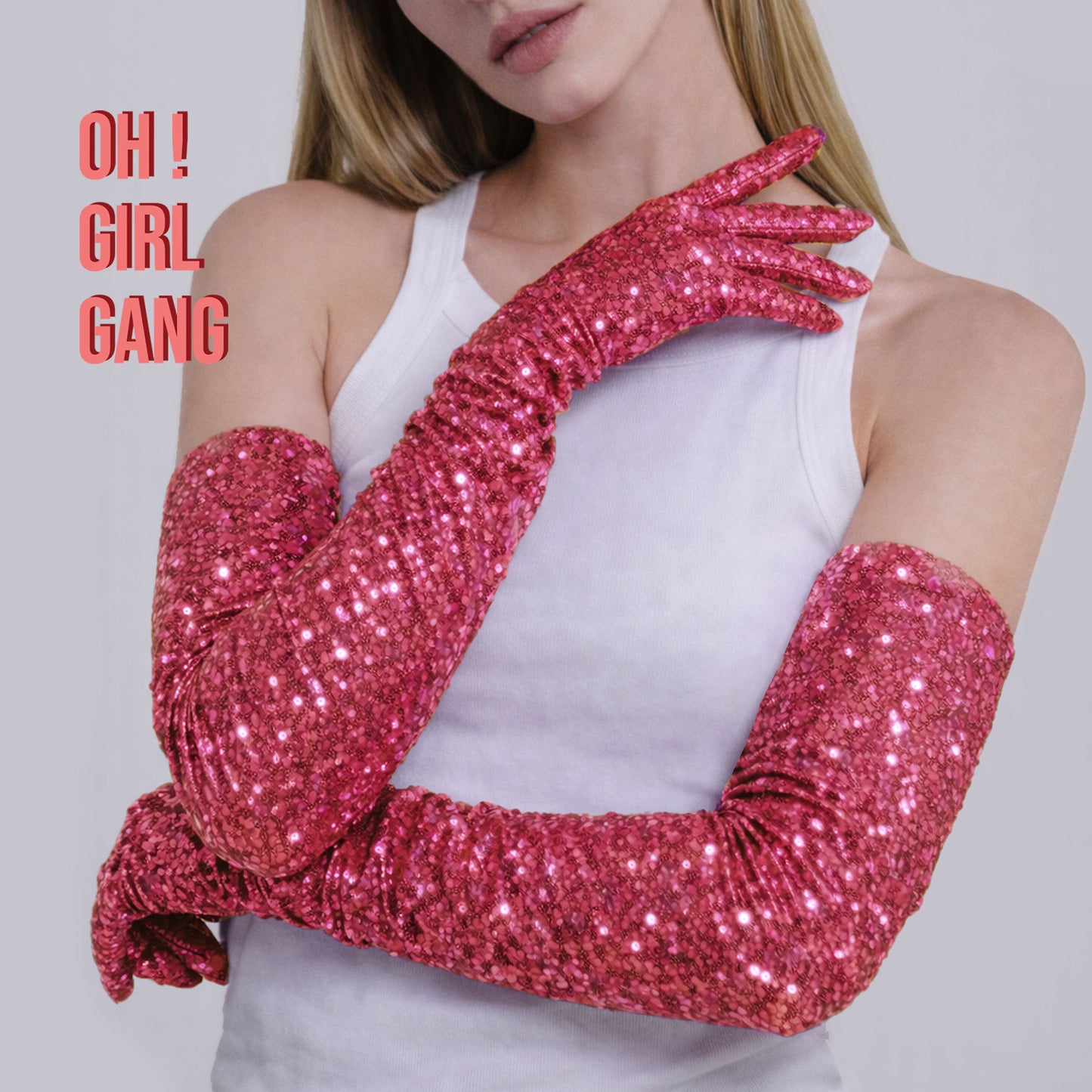 Rose Pink shiny Sequin Opera Gloves (70cm)