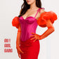 Woman wearing a pink corset with red puffed sleeves on a white background, with 'OH! GIRL GANG' text.