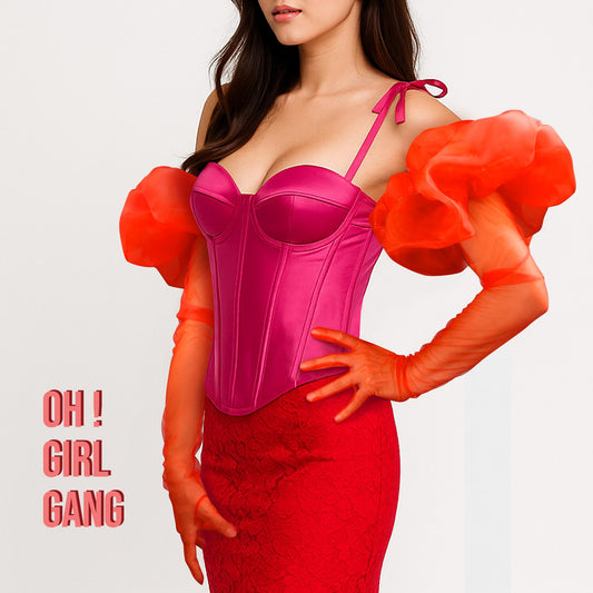 Woman wearing a pink corset with red puffed sleeves on a white background, with 'OH! GIRL GANG' text.