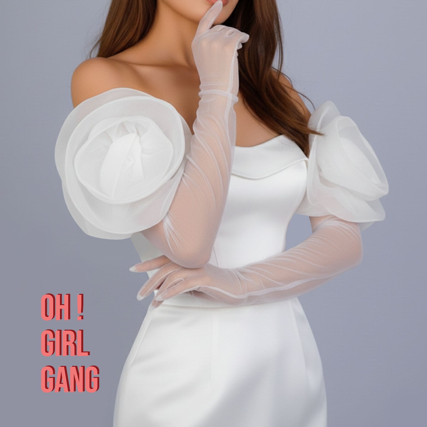 Rose Flower Organza Tulle Opera Gloves: White
