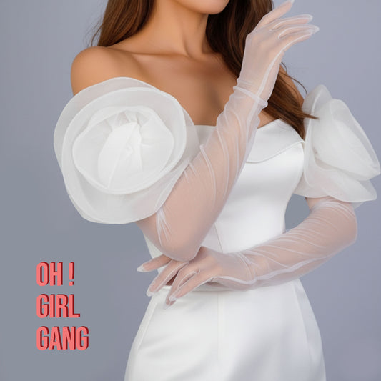 Rose Flower Organza Tulle Opera Gloves: White